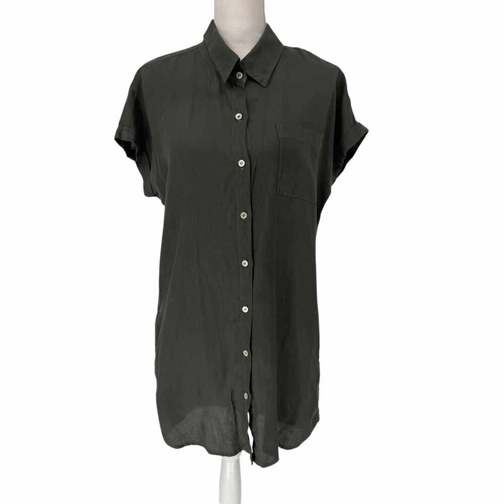 Allen Allen Army Green Linen Short Sleeve Button Down Shirt Dress Small